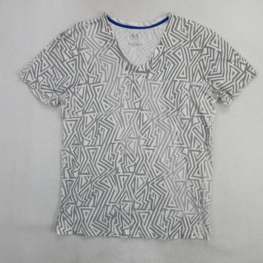 Armani Exchange Men's T-Shirt L V-Neck Gray White Geometric Maze Abstract